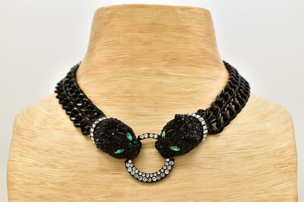 Betsey Johnson Black Cat Panther Rhinestone Statement Collar Necklace NWT BinBM